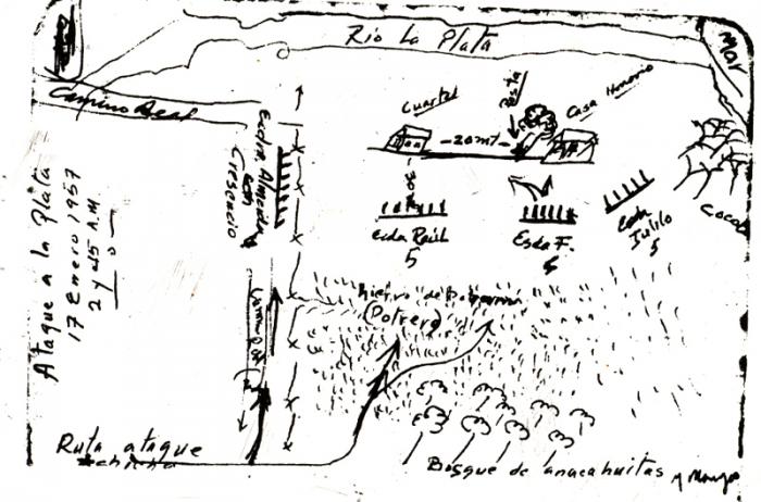 Croquis del Combate de La Plata, Sierra Maestra, el 17 de enero 1957, elaborado por Raúl Castro Ruz pocos días después.