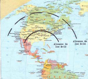 Líneas de alcance de los cohetes R-12 y R-14 emplazados en Cuba