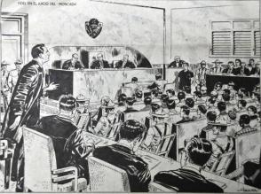 Dibujo sobre el comienzo del juicio del Moncada (pues fueron prohibidas las fotos) Fidel, como abogado exigió, el 21 de septiembre de 1953, el derecho de asumir su propia defensa. Fue retirado luego, en la tercera sesión del juicio, celebrada en la sala del Pleno del edificio de la audiencia. Su alegato de autodefensa, conocido como La Historia me Absolverá –palabras con las que concluyó su discurso– fue pronunciado el 16 de octubre del propio año, en una sala de justicia improvisada en una pequeña habitaci